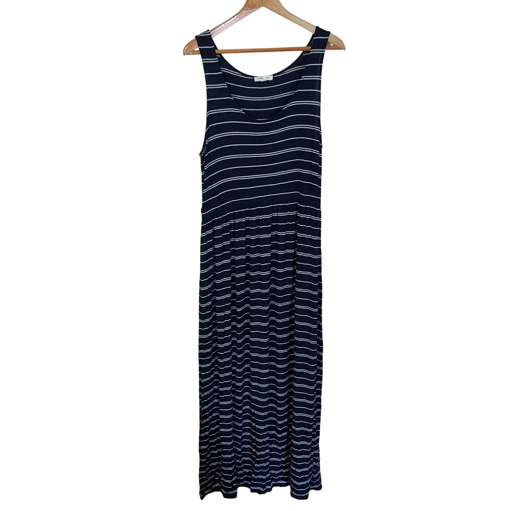 Beachlunchlounge Women XL Navy Blue White Striped Coastal Maxi Dress Sleeveless